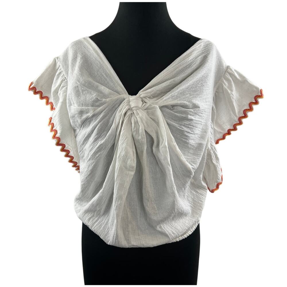 Line And Dot White Orange Top Linen Knotted Front Ruffle Sleeve Size Large L NEW